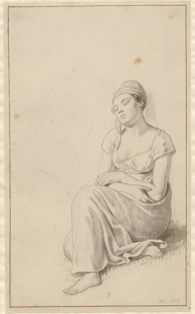 Una donna seduta appoggiata a un blocco di pietra e addormentata da Christoffer Wilhelm Eckersberg