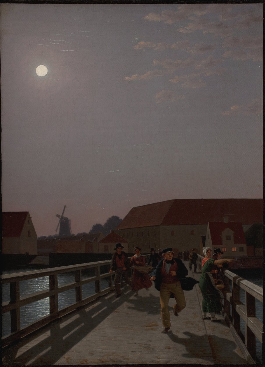 Langebro, Copenaghen, al chiaro di luna con figure in corsa da Christoffer Wilhelm Eckersberg