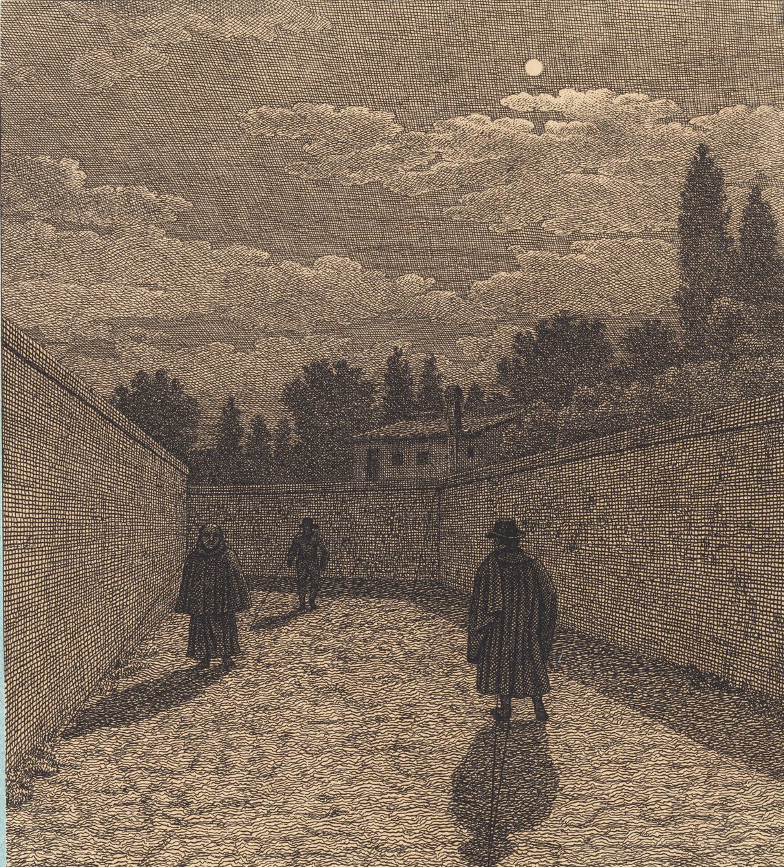 Chiaro di luna su una strada con tre figure. Illustrazione per "Linearperspectiven", Tavola IV da Christoffer Wilhelm Eckersberg