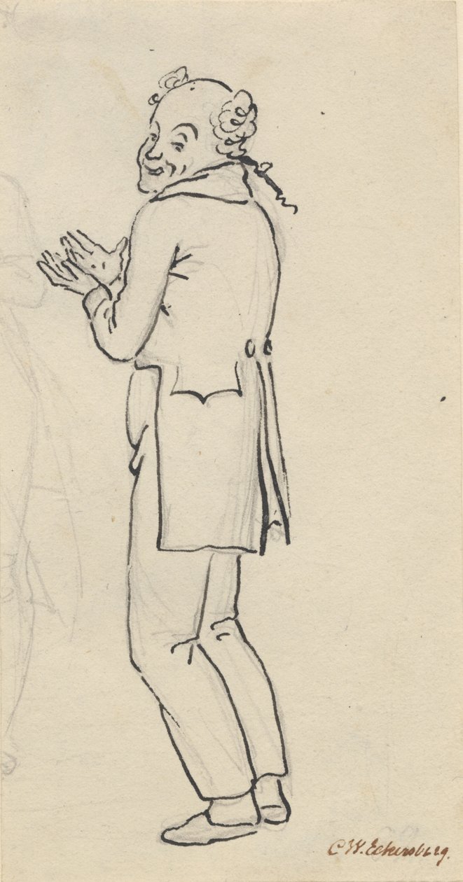 Satirisk blad; en smilende mand, set fra siden, med begge hænder op foran brystet, samt del af et let blyant rids [afskåret] da Christoffer Wilhelm Eckersberg
