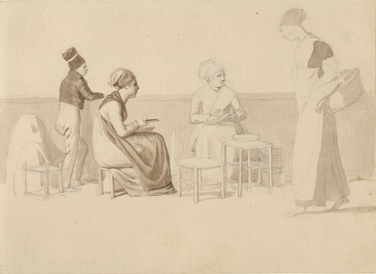 Scena di un cortile o molo a Parigi. Quattro figure sedute, in piedi e in movimento. da Christoffer Wilhelm Eckersberg