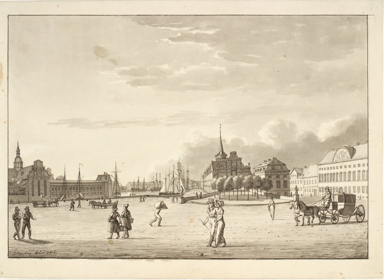 Piazza del Castello a Copenaghen con la chiesa di Holmen, la Borsa, la banca ora scomparsa e l