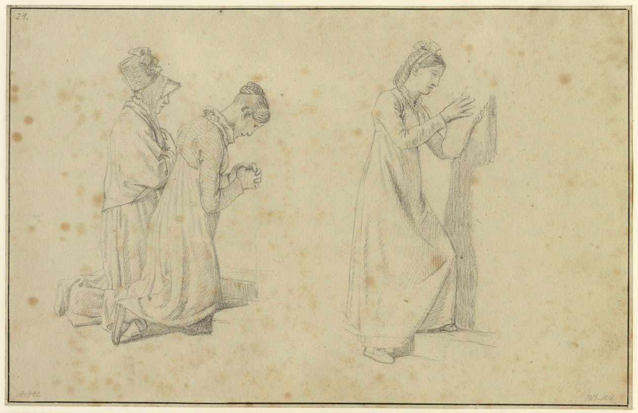 Studio di una figura femminile in piedi e due inginocchiate da Christoffer Wilhelm Eckersberg