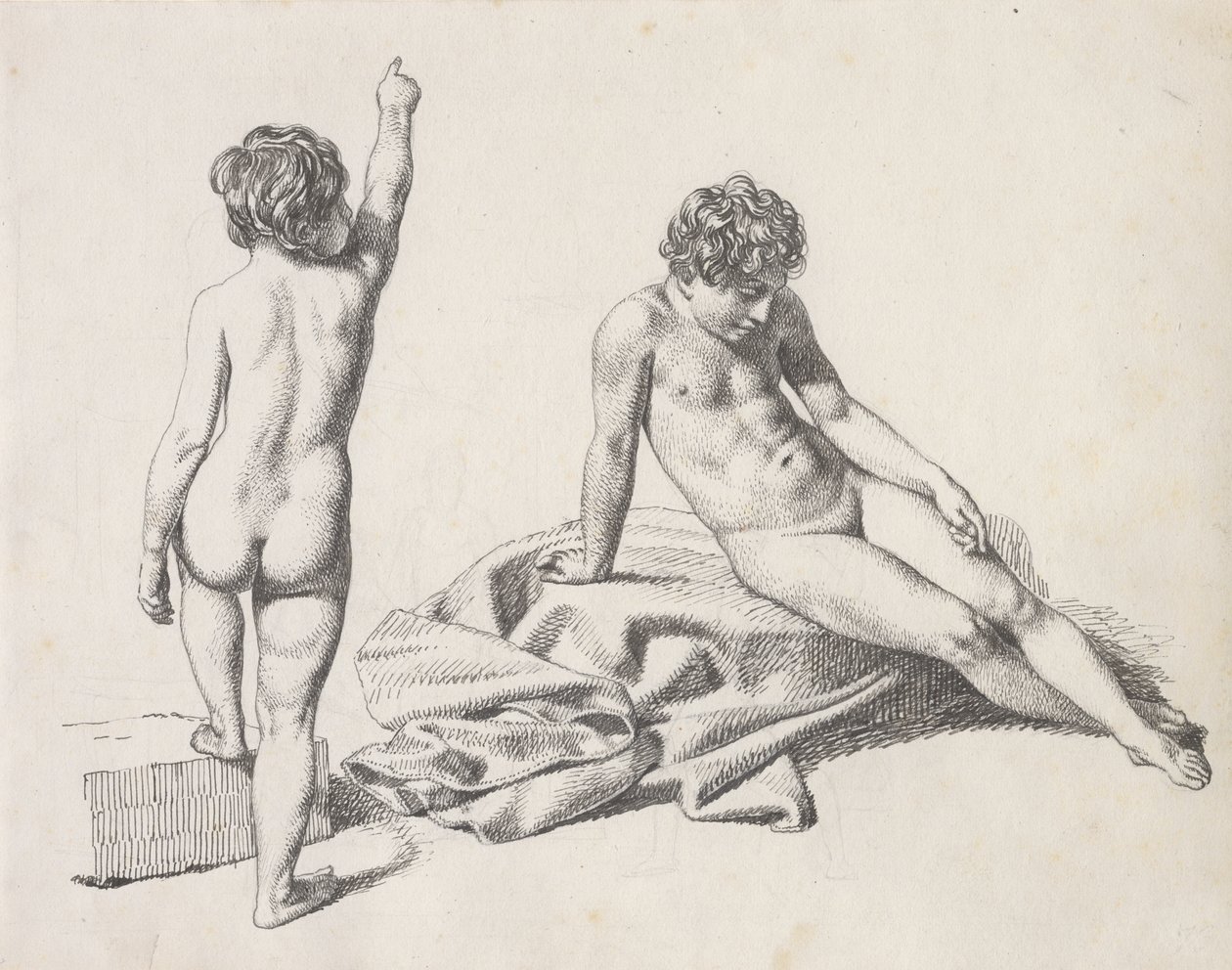 Due bambine nude, una seduta vista di fronte, l