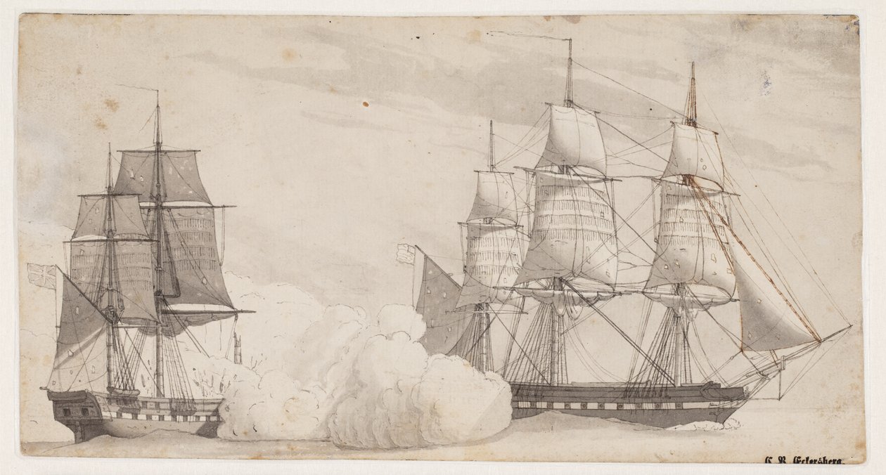 Due navi da guerra in combattimento (la fregata inglese Shannon e la fregata americana Chesapeake?) da Christoffer Wilhelm Eckersberg