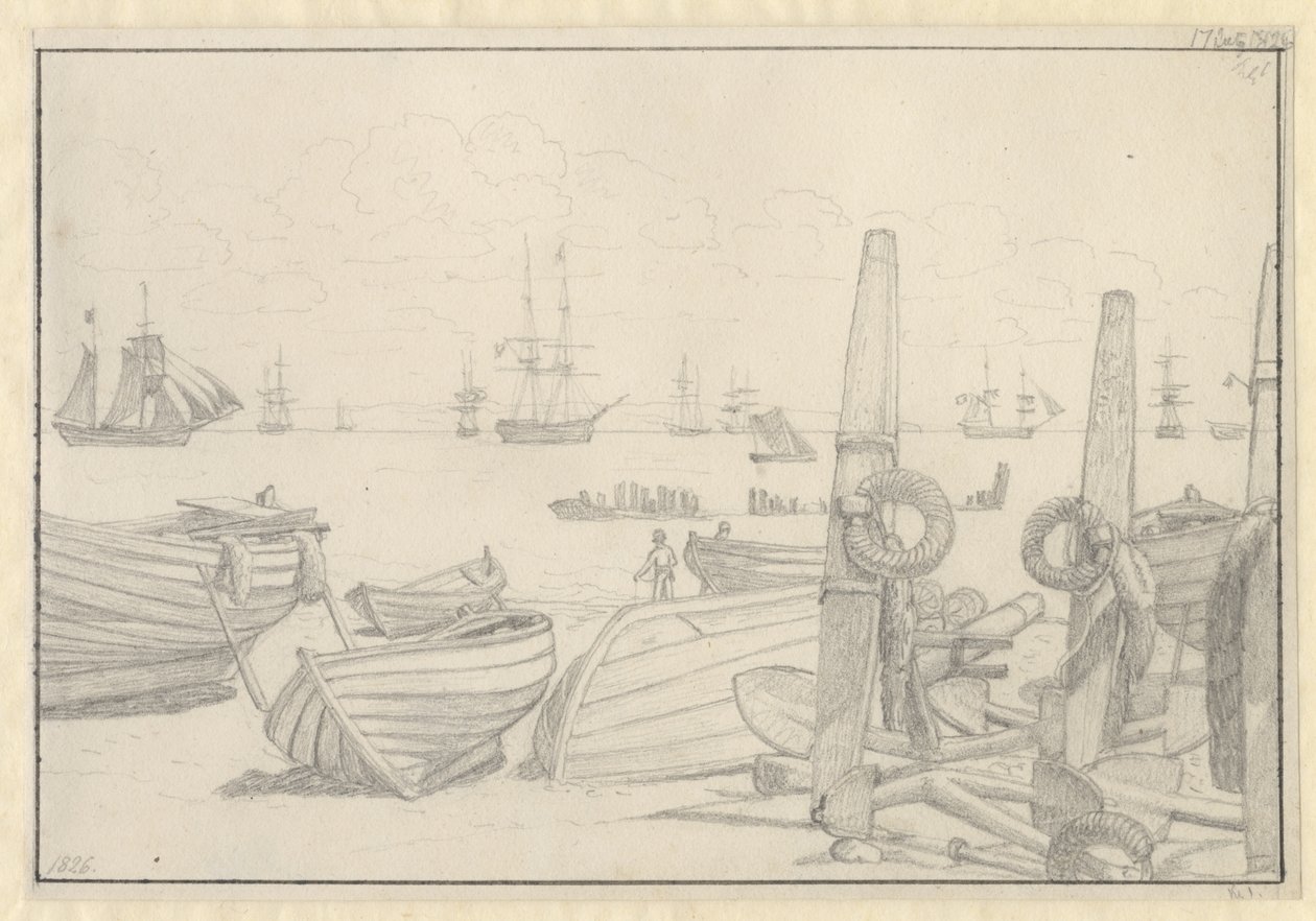 Vista dalla spiaggia a sud di Helsingør verso la nave di guardia, il brigantino "Falster" da Christoffer Wilhelm Eckersberg