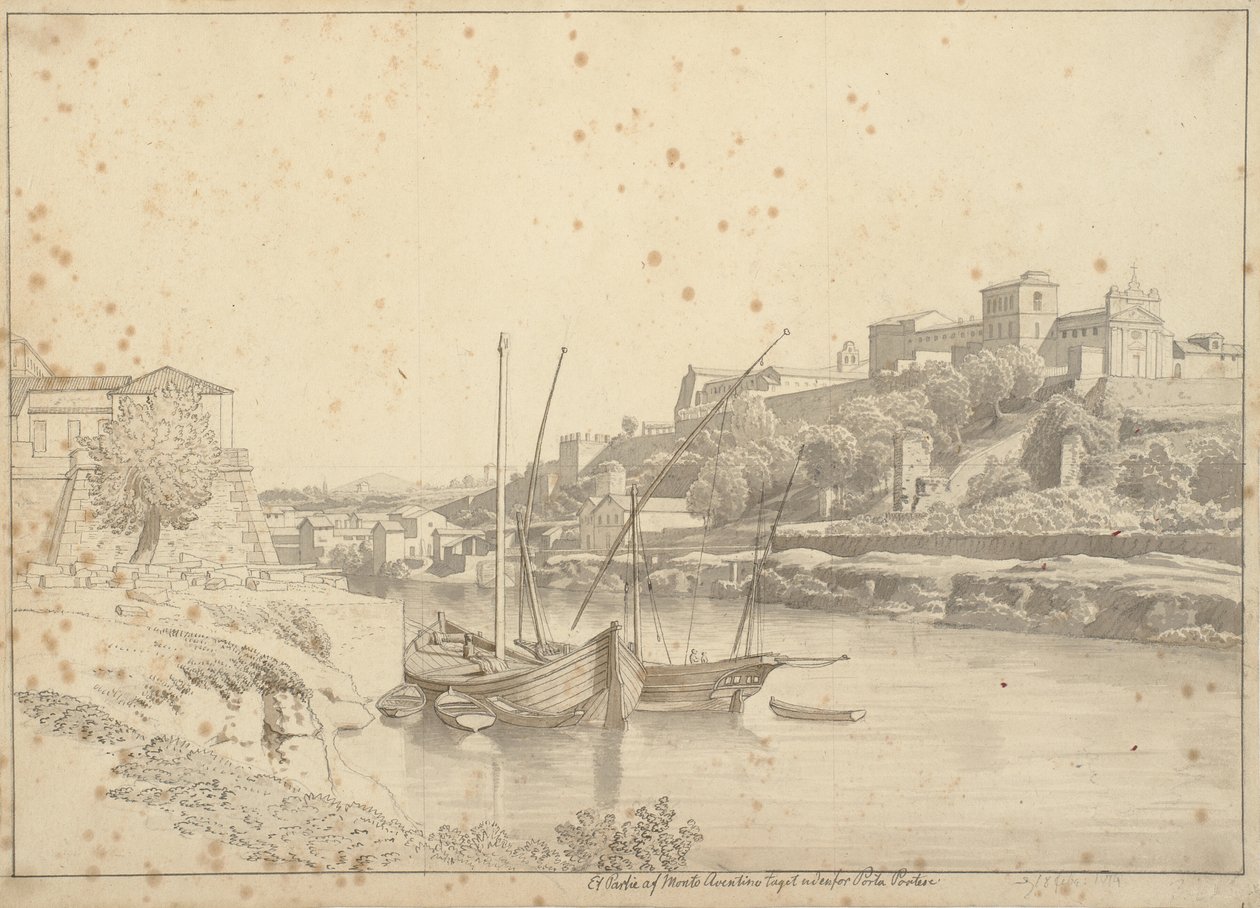 Vista sul Tevere presso Porto di Ripa Grande fuori Porta Portese verso Marmorata e le chiese sul Monte Aventino, Roma da Christoffer Wilhelm Eckersberg