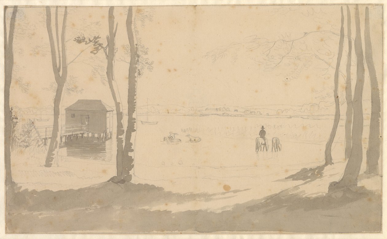 Vista su un lago, a sinistra una casa da bagno, al centro cavalieri che abbeverano i cavalli, in primo piano alberi da Christoffer Wilhelm Eckersberg