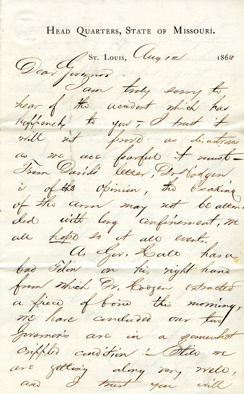 Lettera firmata C.C. Bailey, Quartier Generale, Stato del Missouri, St. Louis, al Governatore [Hamilton R. Gamble], 12 agosto 1863 da C. C. Bailey