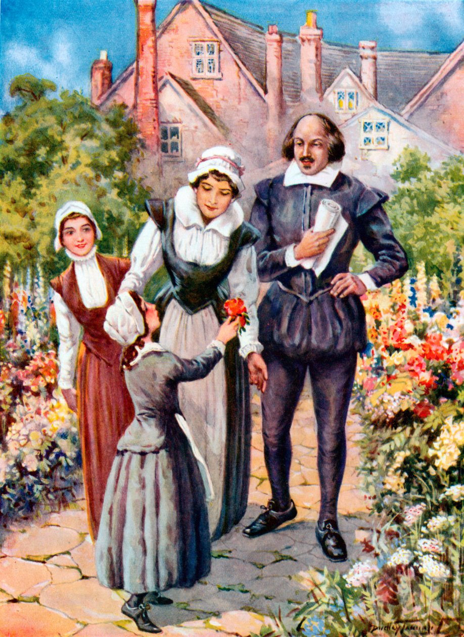Shakespeare nel giardino di New Place, Stratford-on-Avon (litografia a colori) da C. Dudley (after) Tennant