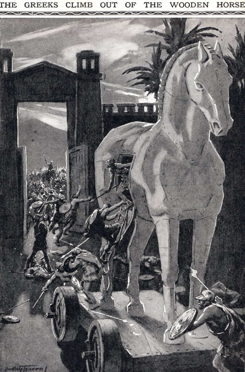 I greci escono dal cavallo di legno, illustrazione da 