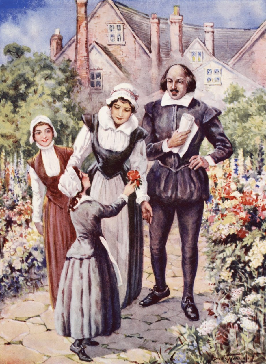 William Shakespeare, con sua moglie e due figlie, nel giardino di New Place, Stratford-upon-Avon da C. Dudley Tennant