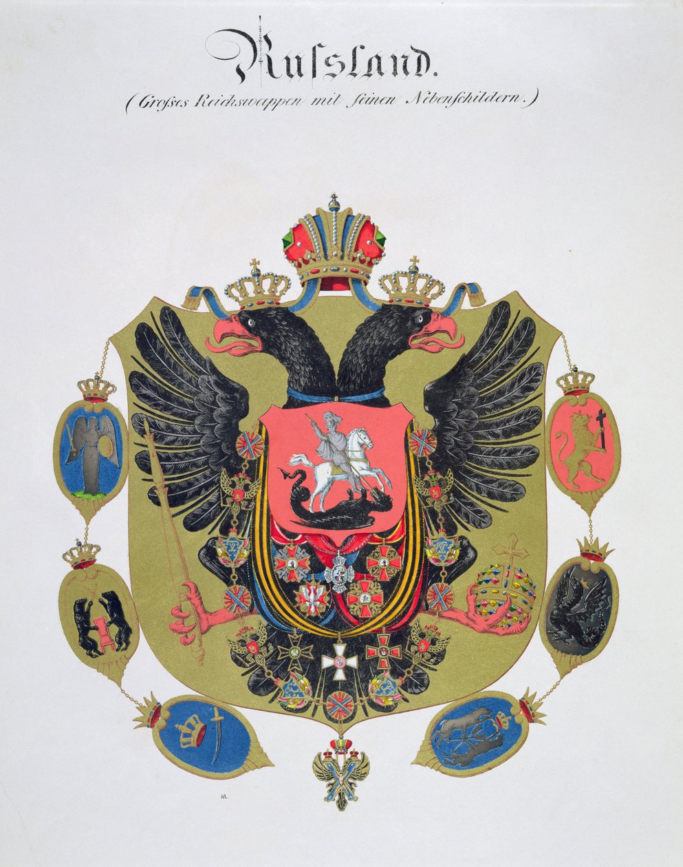 Armi e scudo dello stato della Russia Imperiale, da una collezione di acquerelli pubblicata in Germania, c.1830-33 da C. Hildebrandt