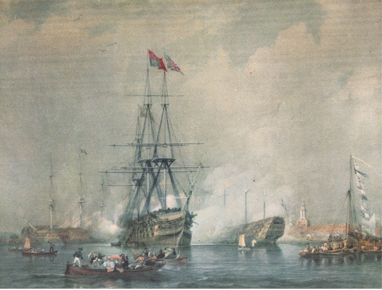 HMS Victory che spara un saluto reale al porto di Portsmouth, da British Adventure pubblicato da Collins, 1947 da C. J. M. Whichello