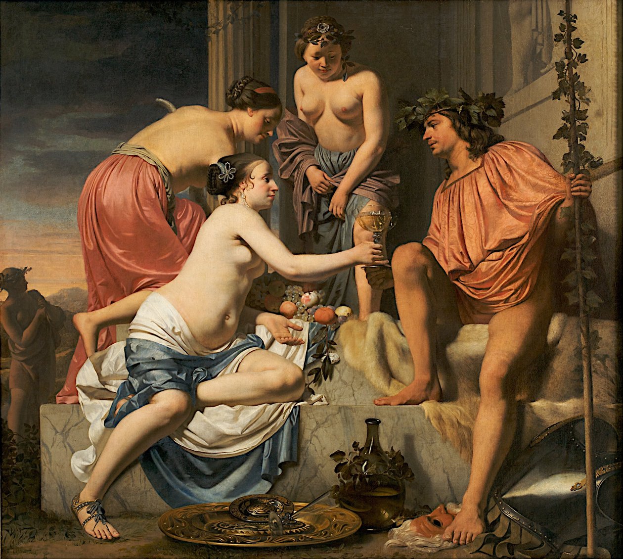 Bacco in trono - Ninfe che offrono a Bacco vino e frutta da Caesar van Everdingen