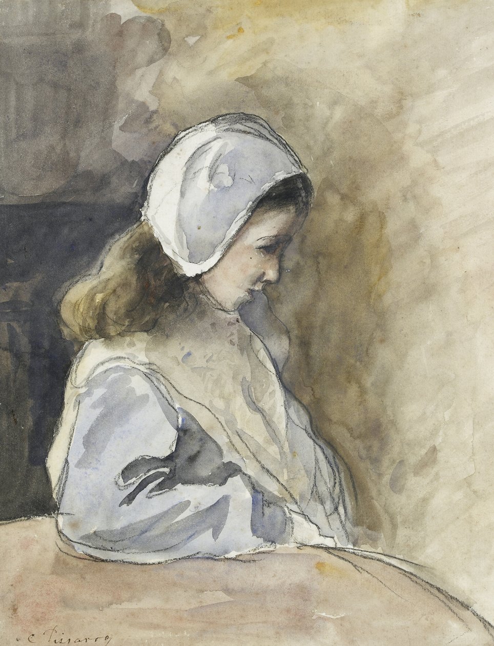 Jeanne-Rachel Pissarro seduta a un tavolo, c. 1872 da Camille Jacob Pissarro