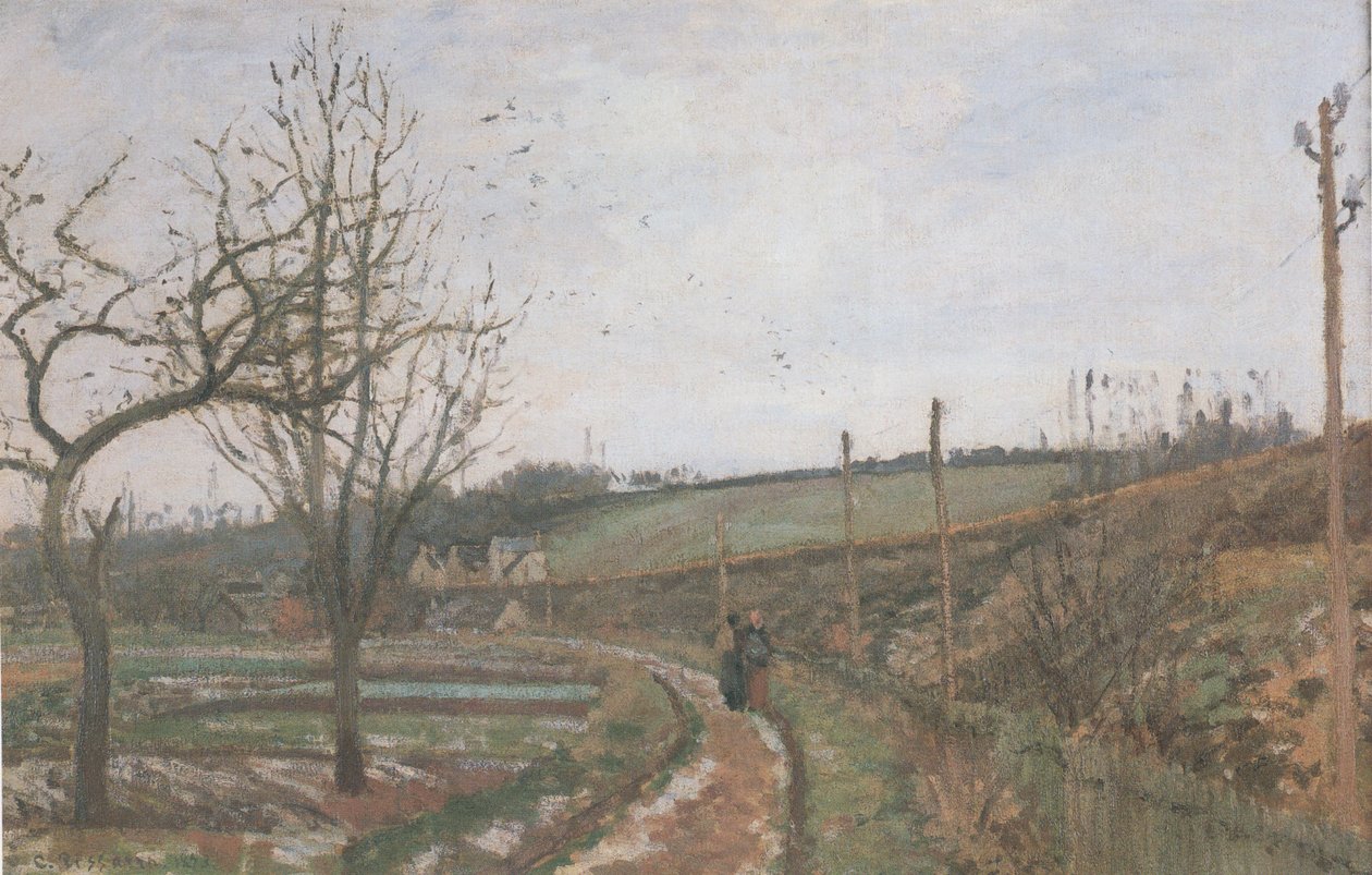 La strada lungo la ferrovia effetto neve da Camille Jacob Pissarro