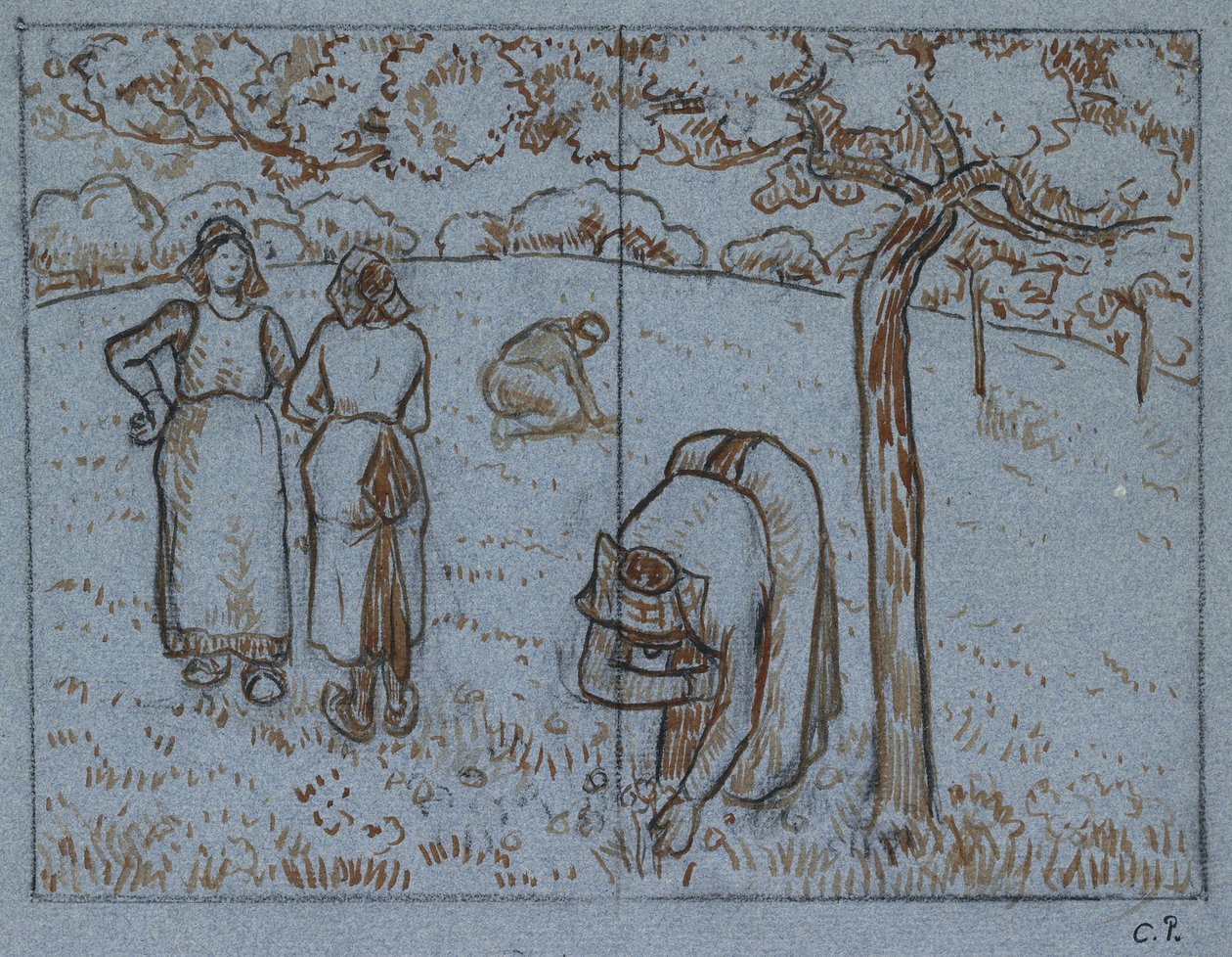 Studio compositivo di quattro contadine che lavorano in un frutteto (