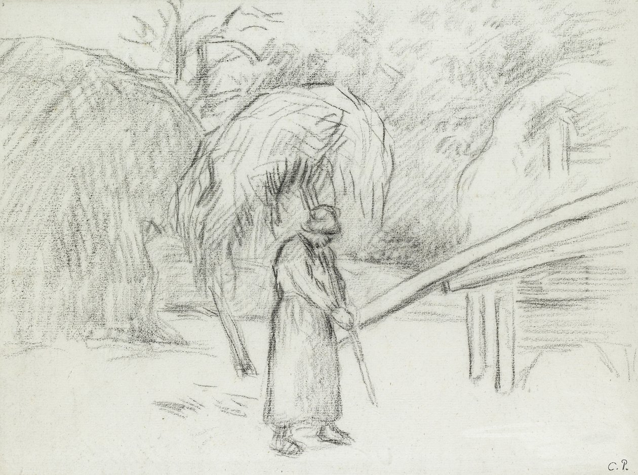 Studio di una contadina che trasporta un carico di fieno nel cortile della fattoria a Foucault, c. 1875 da Camille Jacob Pissarro