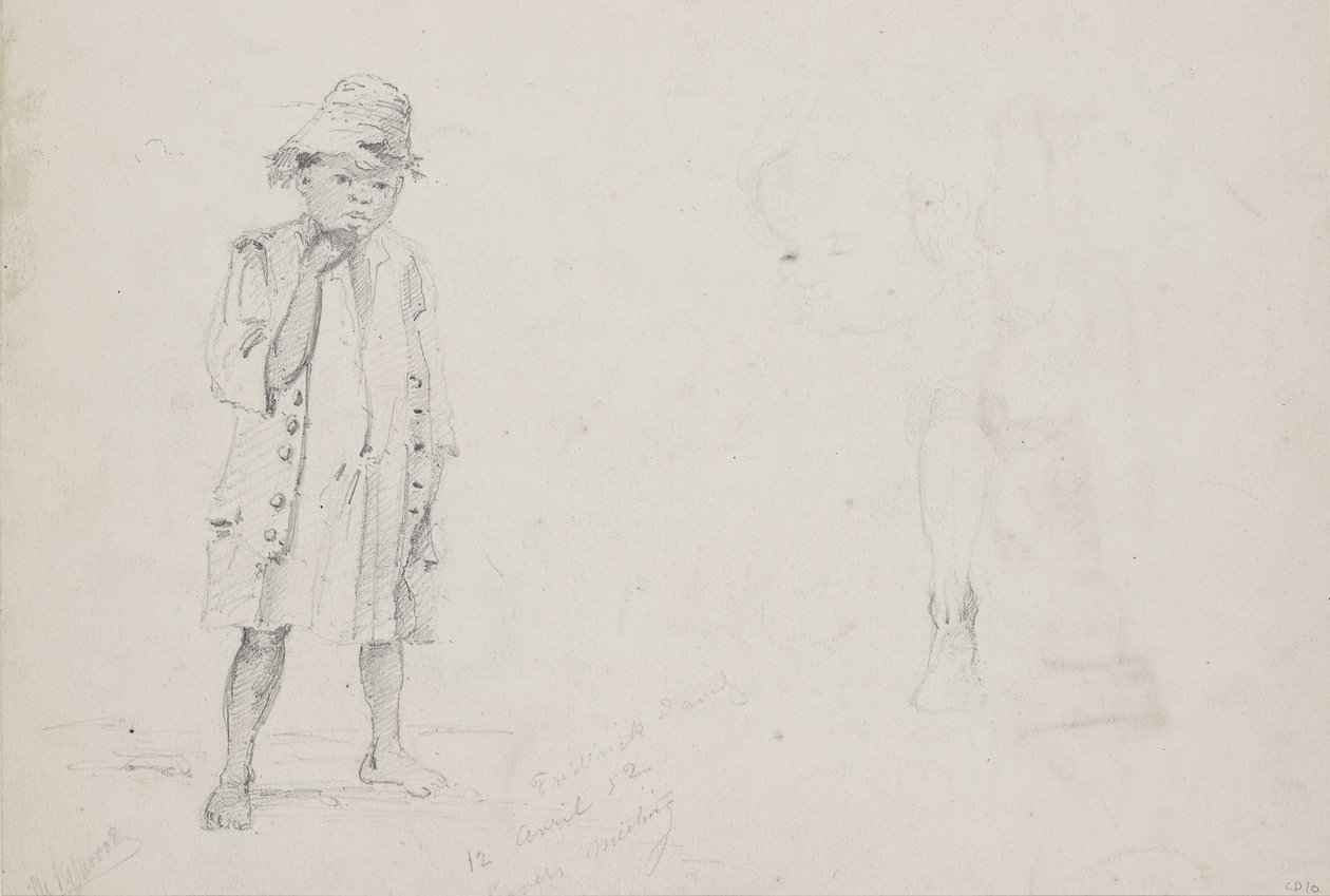 Studio a figura intera di un bambino con studi sbiaditi del suo viso e della sua gamba sinistra vista da dietro, 1852 da Camille Jacob Pissarro
