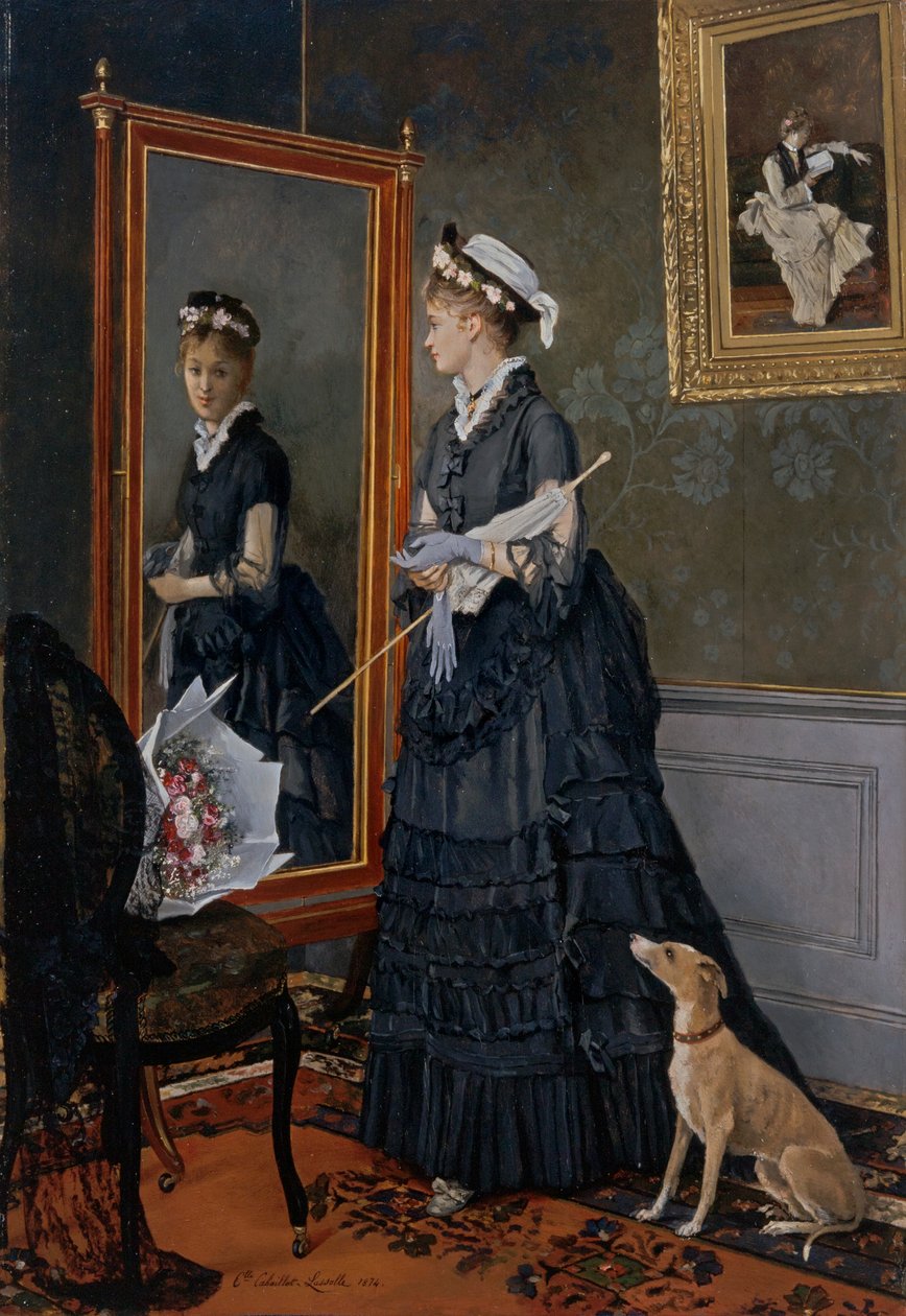 Donna elegante che si guarda allo specchio da Camille-Leopold Cabaillot-Lasalle