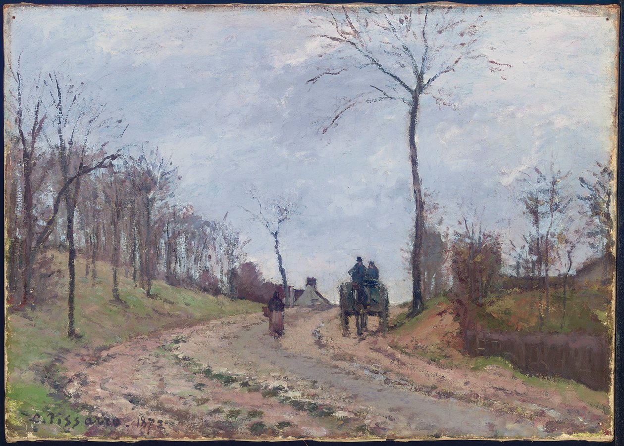 Carrozza su una strada di campagna, inverno, periferia di Louveciennes da Camille Jacob Pissarro