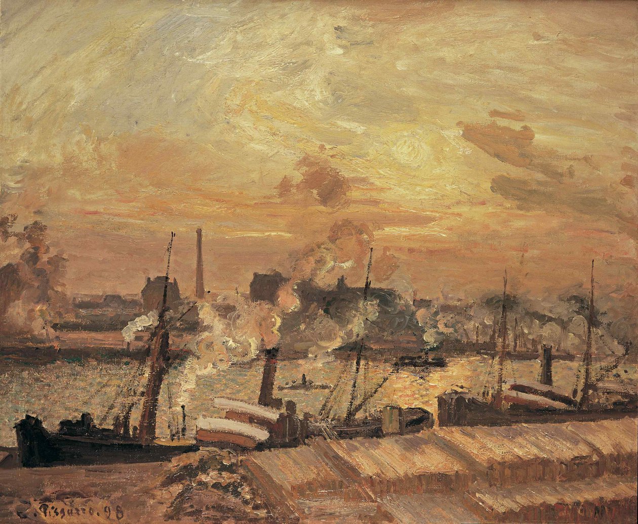 Scarico di legname, quai de la Bourse, tramonto, 1898 da Camille Jacob Pissarro