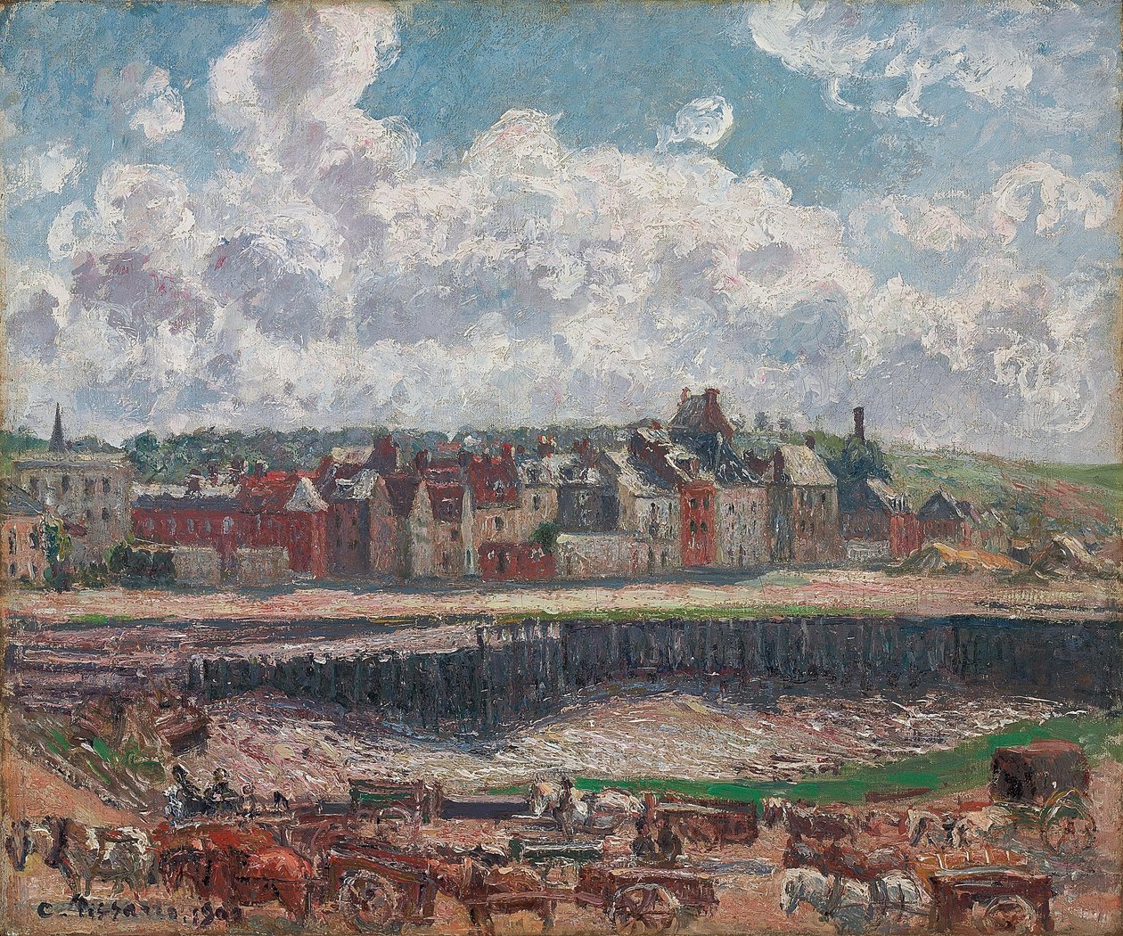 Cavalli e carri davanti al porto di pesca, Dieppe, bassa marea da Camille Jacob Pissarro