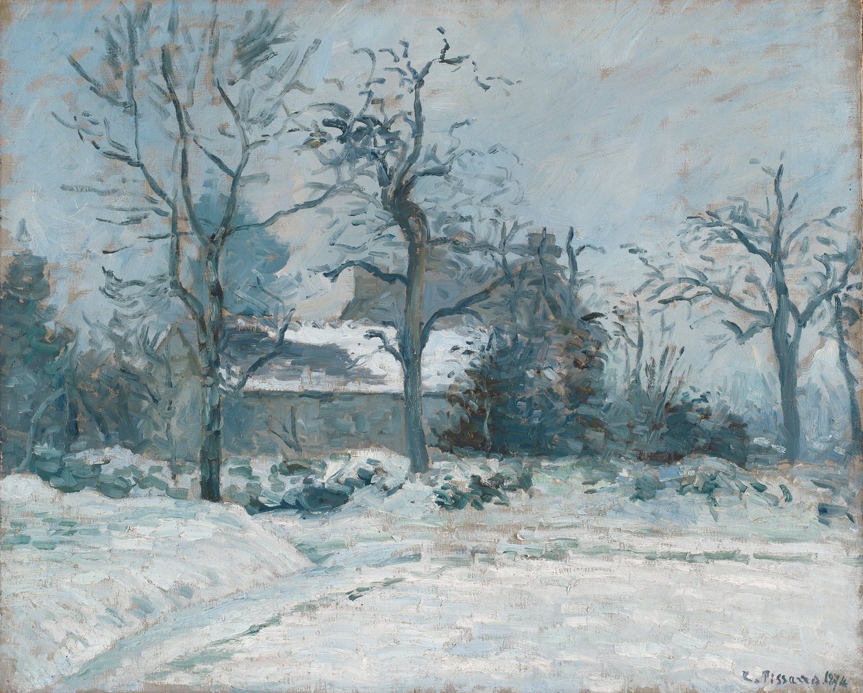 Casa di Piette a Montfoucault, effetto neve, 1874 da Camille Jacob Pissarro