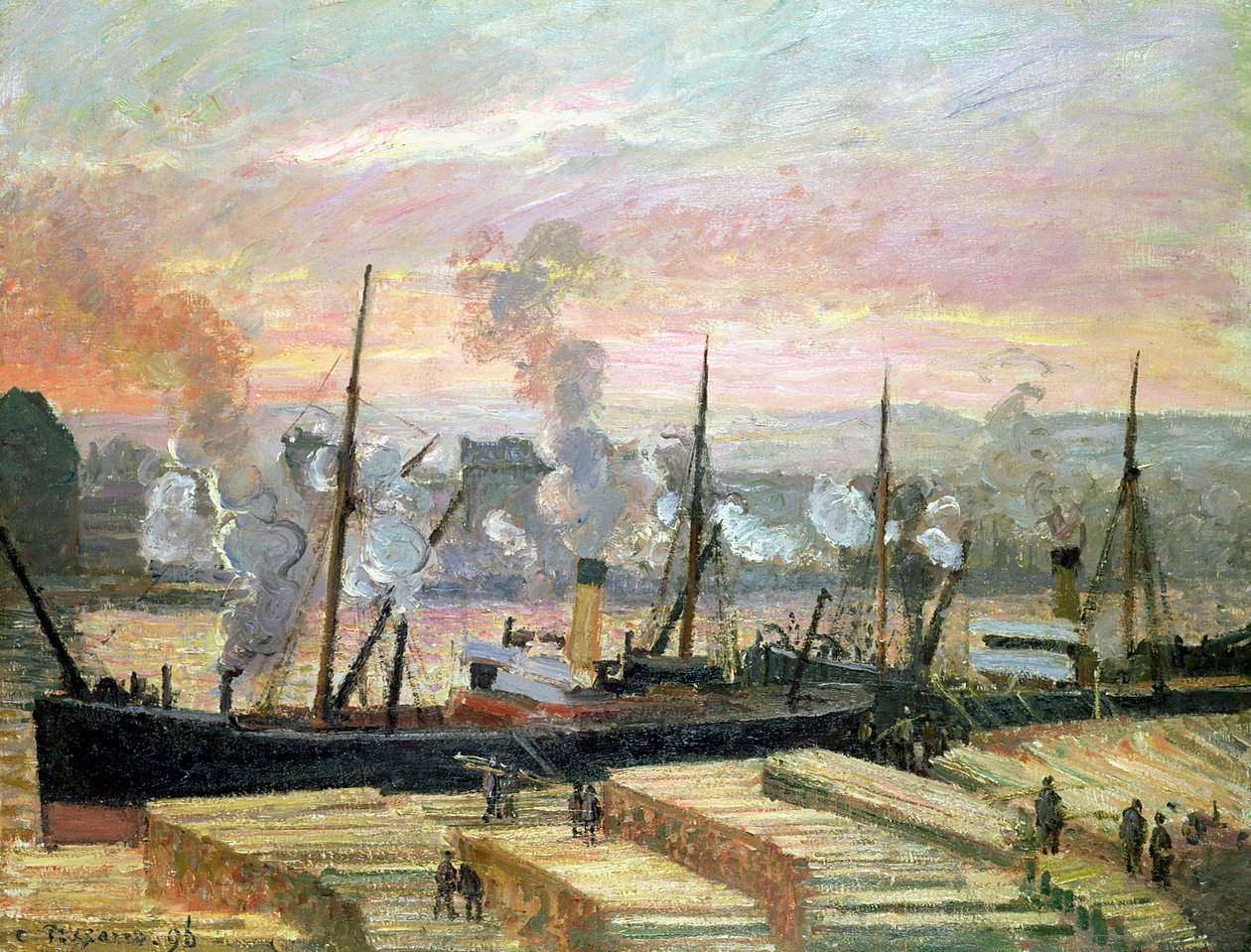 Tramonto a Rouen, barche che scaricano legna, 1896 da Camille Jacob Pissarro