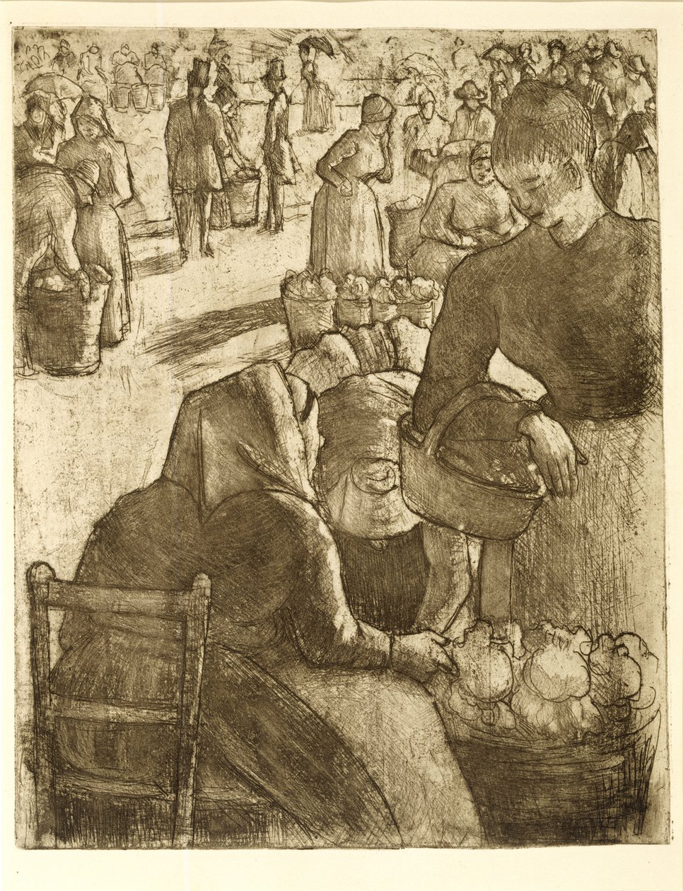 Mercato ortofrutticolo a Pontoise, 1891 (acquaforte e acquatinta) da Camille Jacob Pissarro