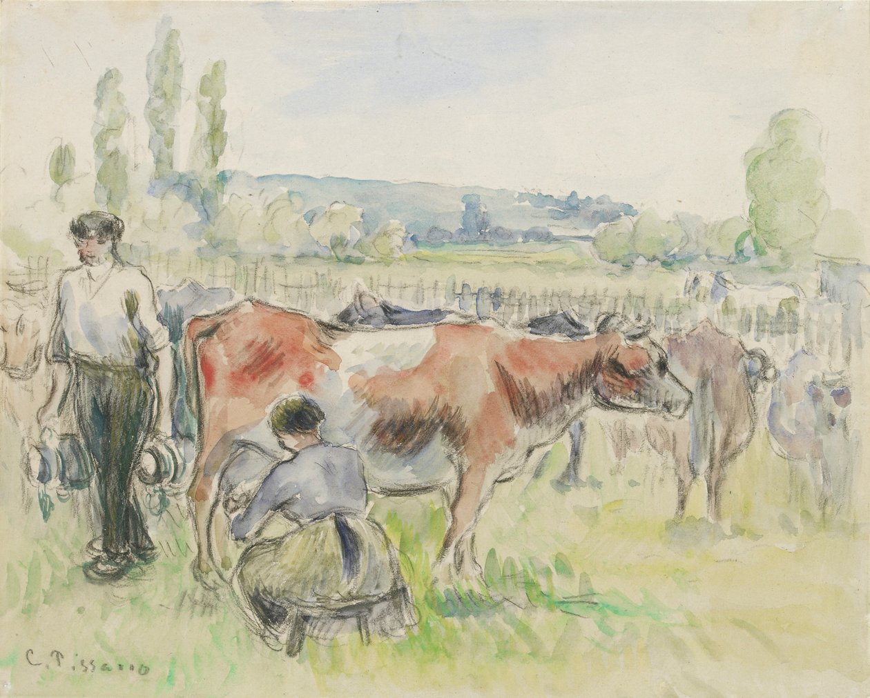 Studio compositivo di una scena di mungitura a Eragny-sur-Epte da Camille Pissarro