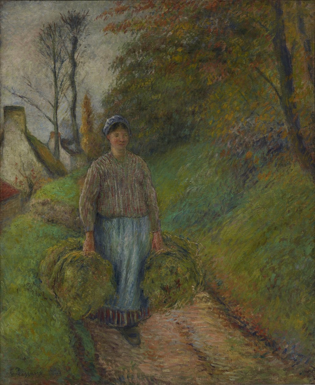 Contadina che trasporta due fasci di fieno da Camille Pissarro