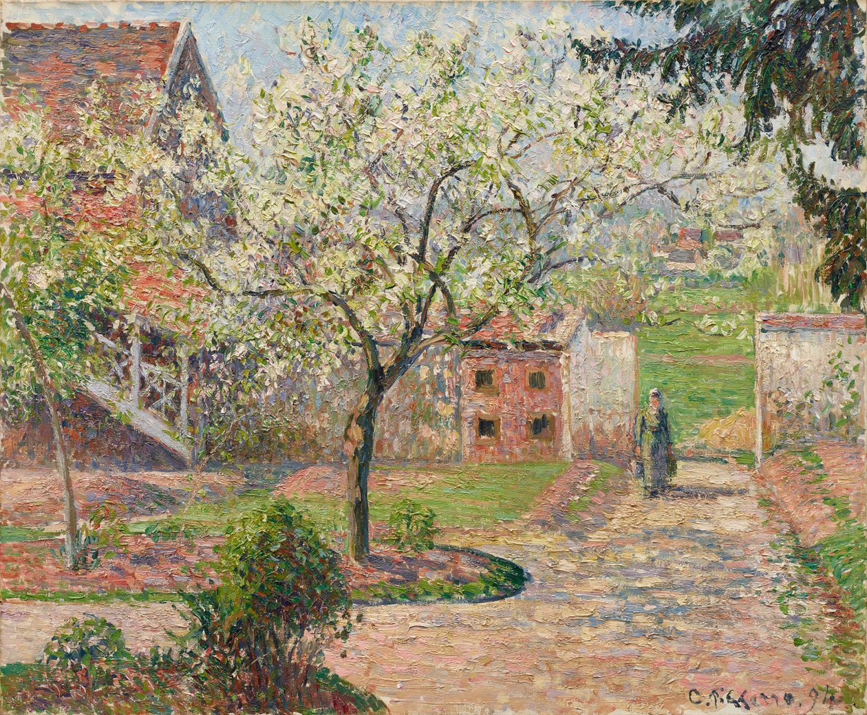 Alberi di prugne in fiore, Éragny. La casa del pittore, 1894 da Camille Pissarro