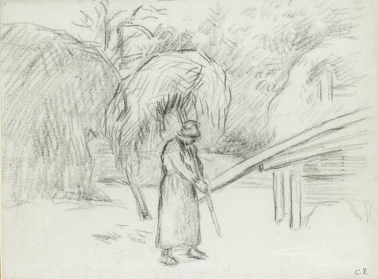 Studio di una contadina che trasporta un carico di fieno nel cortile della fattoria a Foucault, c1875 da Camille Pissarro