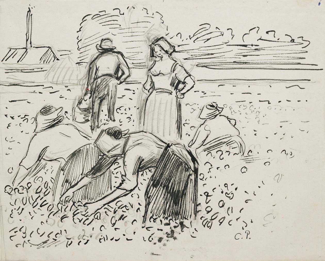Studio di cinque figure di contadini che lavorano in un campo da Camille Pissarro