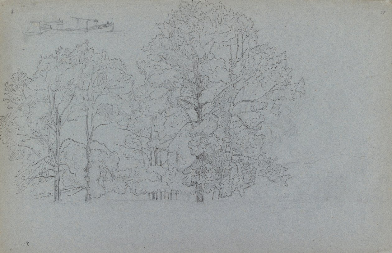 Studio di alberi, con un leggero studio di una chiatta da Camille Pissarro