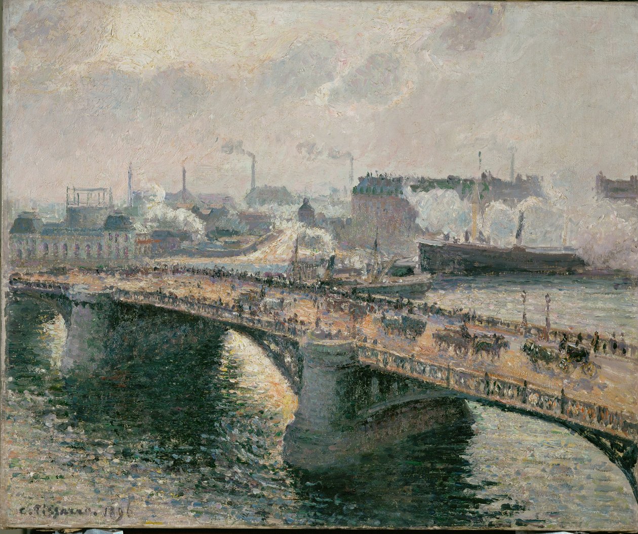 Tramonto con nebbia sul ponte Boieldieu a Rouen (olio su tela) da Camille Pissarro