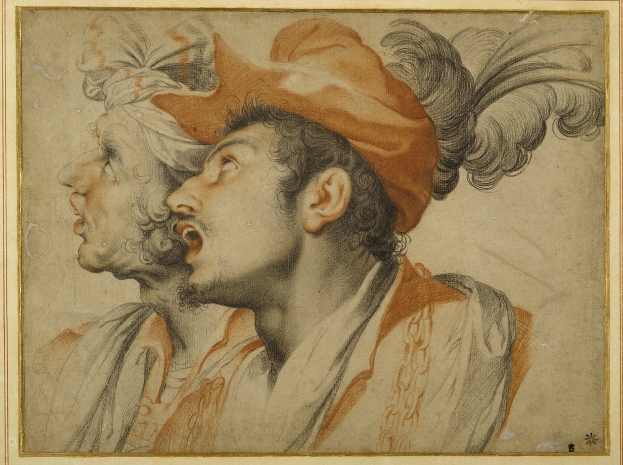Grottesco di due uomini vestiti alla moda che cantano da Camillo Procaccini