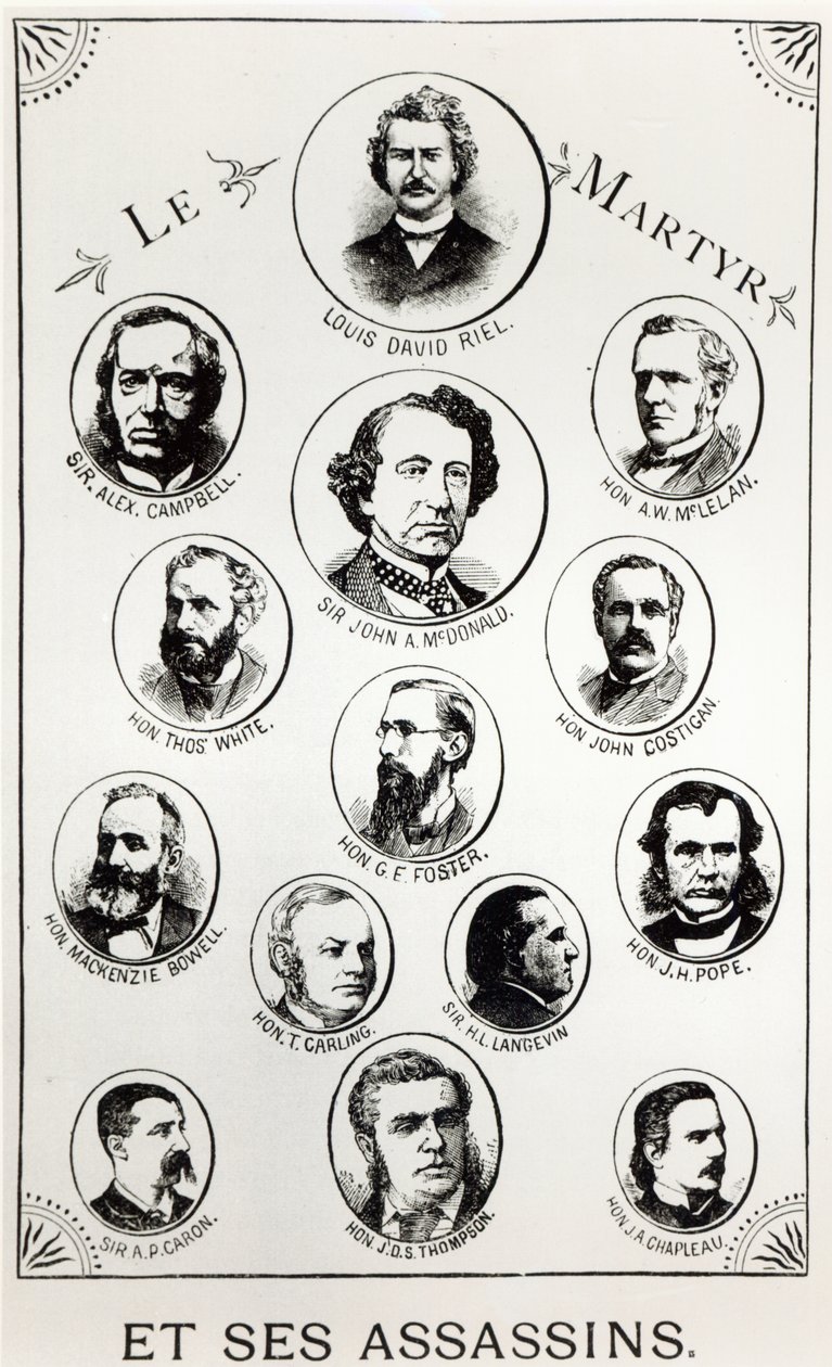 Louis Riel (1844-85) e i suoi assassini, illustrazione da Le Gibet de Regina, pubblicata nel 1886 da Canadian School