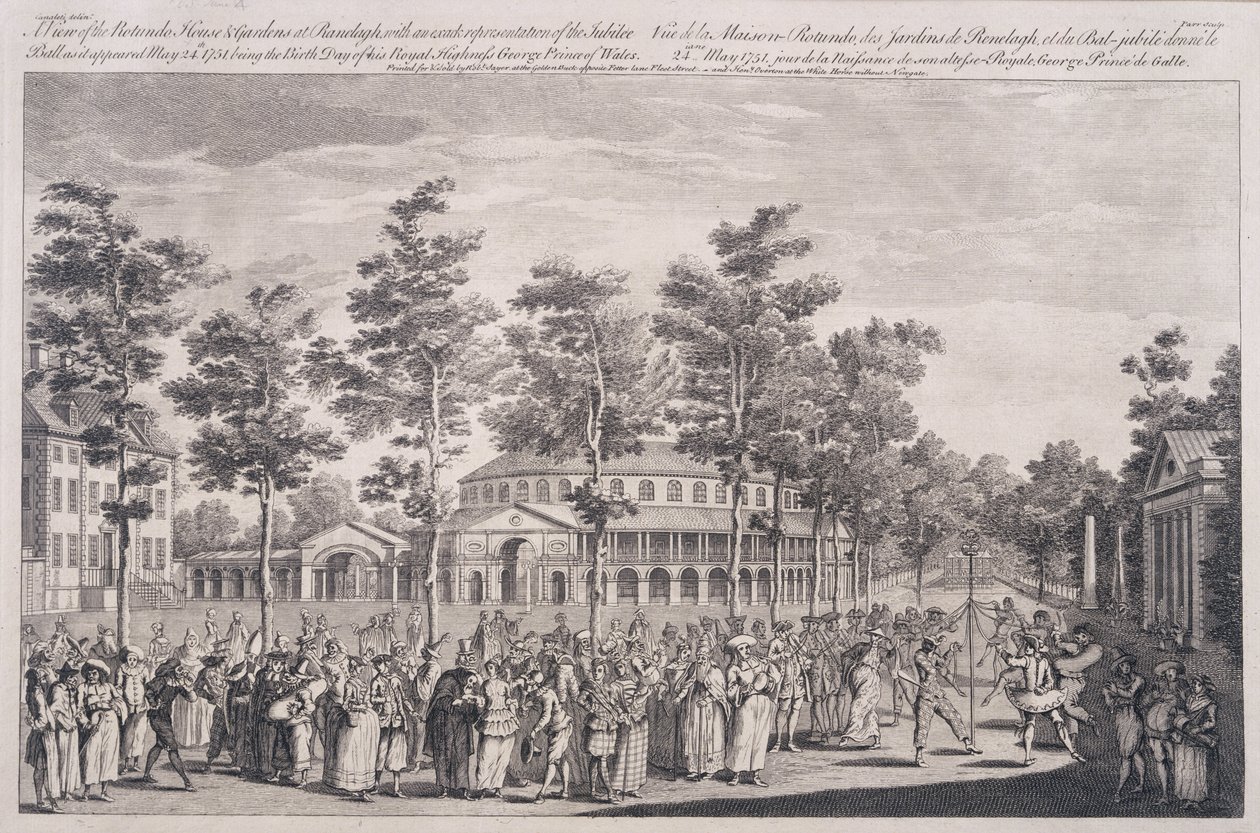 Vista della Rotonda, Ranelagh House, a un ballo per celebrare il compleanno di SAR, il Principe di Galles, 24 maggio 1751, inciso da Parr da Canaleti