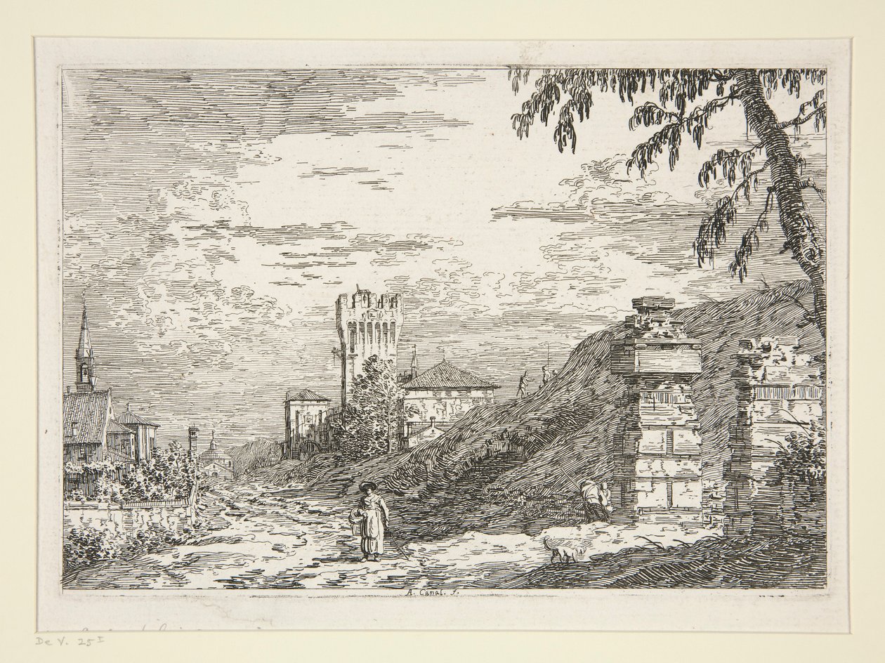 Paesaggio con torre e due colonne rovinate, dalla serie Vedute da Canaletto (Giovanni Antonio Canal)