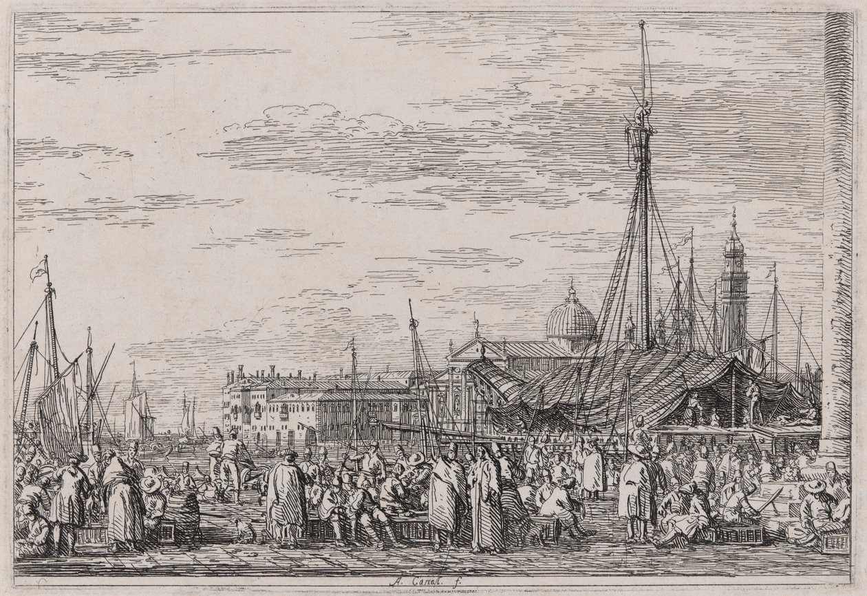 Il mercato sul Molo, dalla serie Vedute da Canaletto (Giovanni Antonio Canal)
