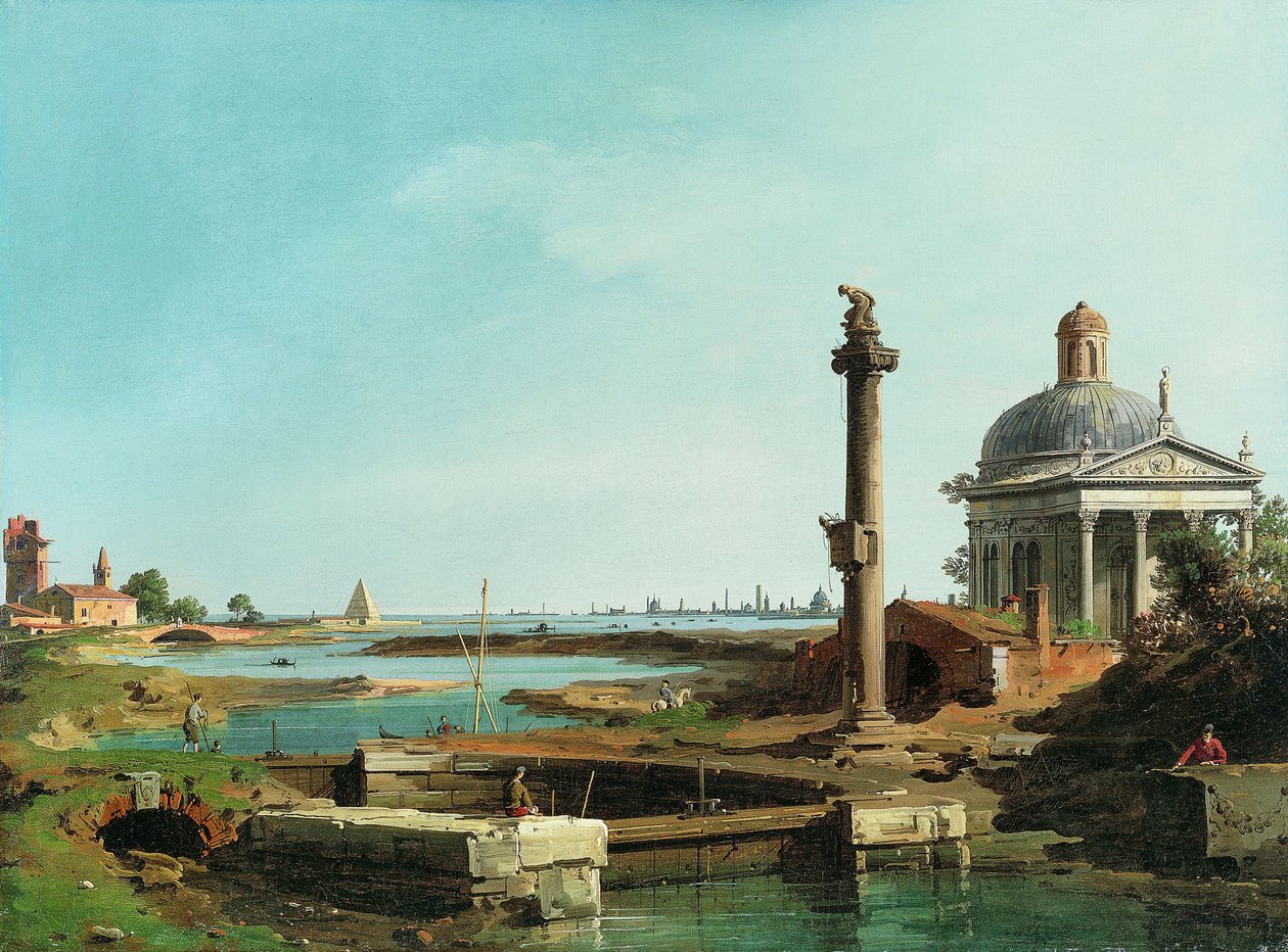 Una chiusa, una colonna e una chiesa accanto a una laguna da Giovanni Antonio Canal