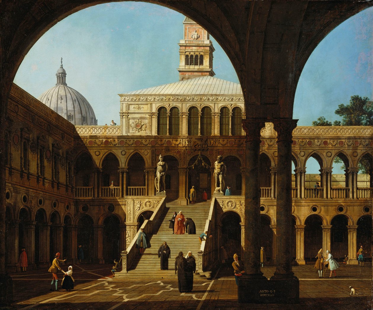 Canaletto - Capriccio Veduta del cortile di Palazzo Ducale con la Scala dei Giganti Firmato e datato 1744 da Canaletto