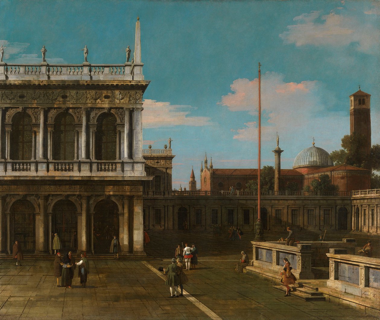 Canaletto - Capriccio Veduta della Piazzetta con la Libreria Firmato e datato 1744 da Canaletto
