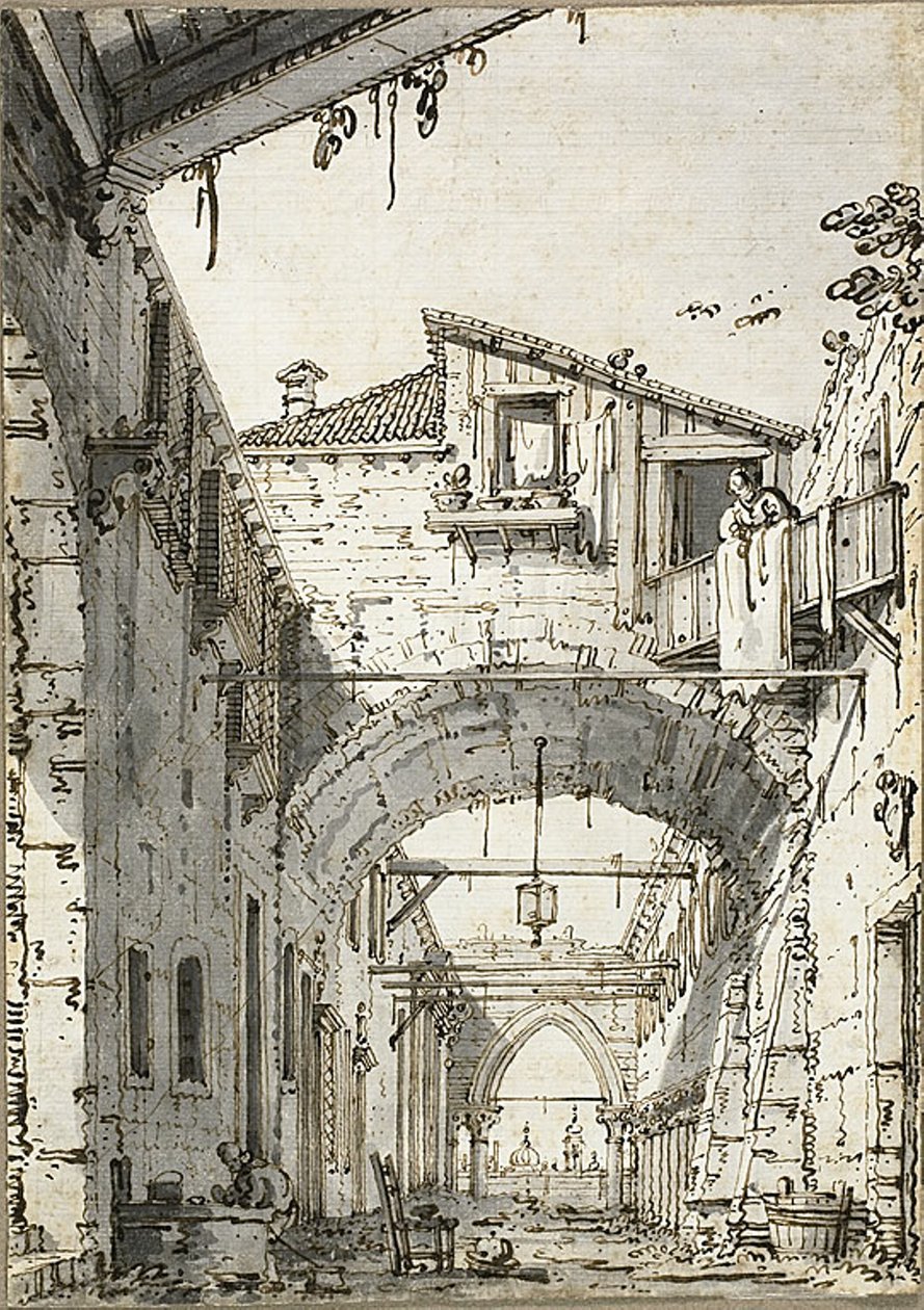 Capriccio: Una strada attraversata da archi (recto) Schizzi di porta, scala e secondo piano di edificio (verso) da Canaletto
