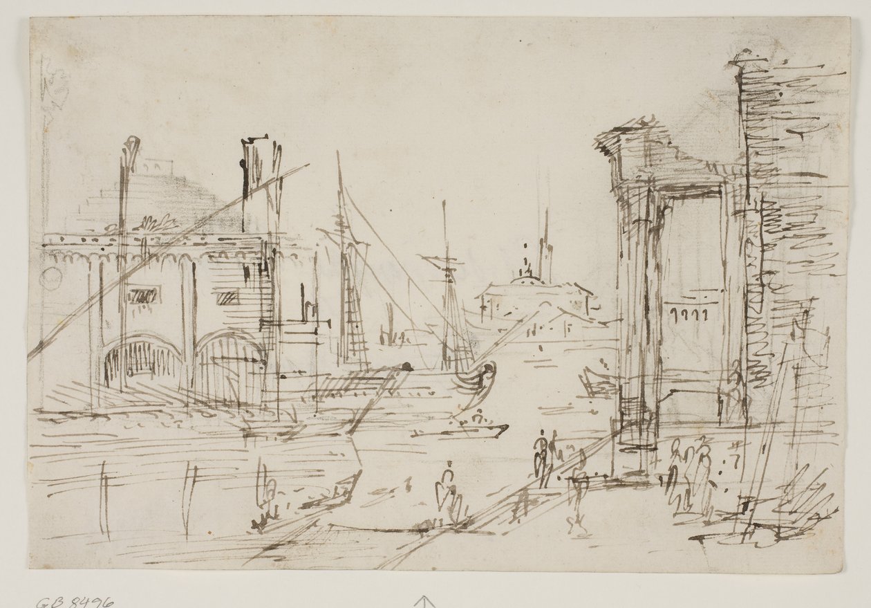 Capriccio con rovine classiche su un molo, una rimessa per barche, due galee, due alberi di una nave a vela dietro di loro, una chiesa con cupola sullo sfondo da Canaletto