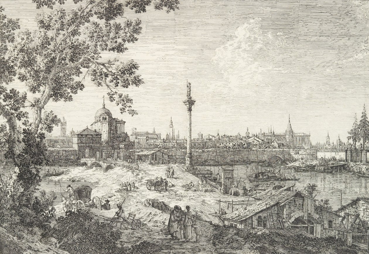 Vista immaginaria di Padova, con un campanile e una chiesa a cupola a sinistra, una colonna sormontata, 1735-46 da Canaletto