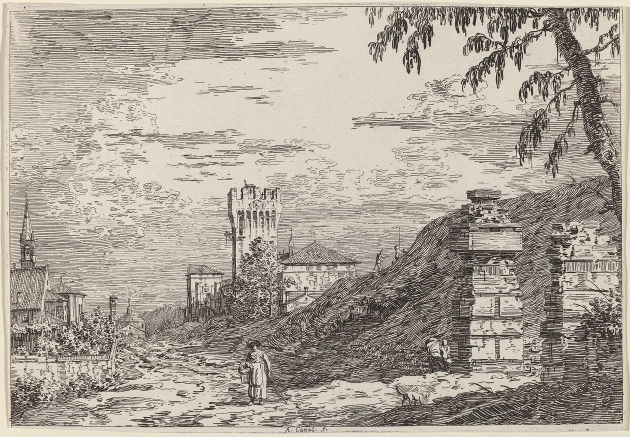 Paesaggio con Torre e Due Colonne Rovinate da Canaletto